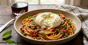 🍝🧀 Macarrão com Molho de Tomate Rústico, Ervilhas e Burrata! 🧀🍅✨ 🟢