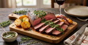 🥩 Maminha Assada com Molho de Ervas Vibrante e Batatas Crocantes! 🥩🌿🥔✨